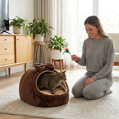 Niche à chat marron avec un chat et une femme jouant avec