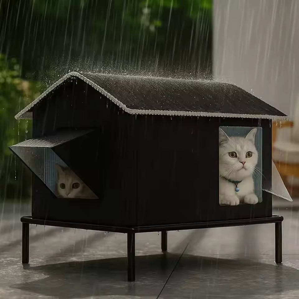 niche chat exterieur noire avec pieds sous la pluie