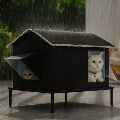 niche chat exterieur noire avec pieds sous la pluie