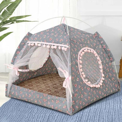 Niche chat frou frou grise avec petits pompons 