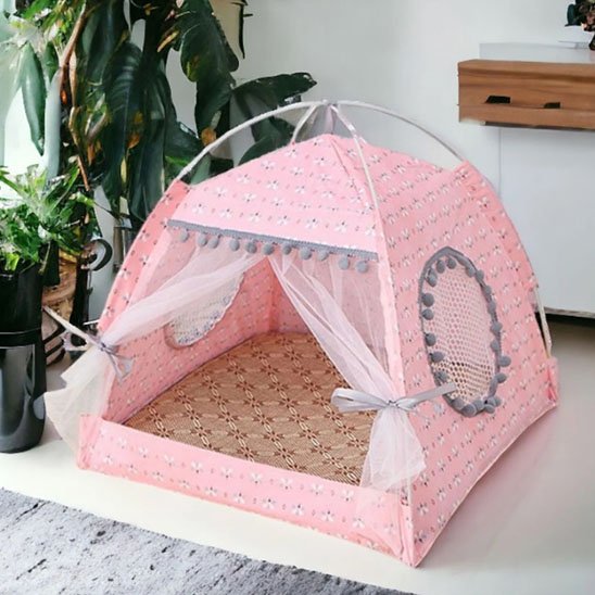 Niche chat frou frou rose avec petits pompons 