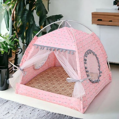 Niche chat frou frou rose avec petits pompons 