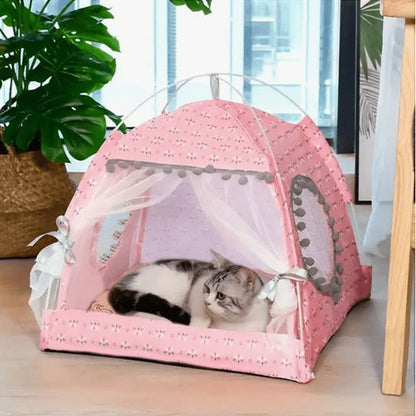 Niche chat frou frou rose petits pompons chat dedans