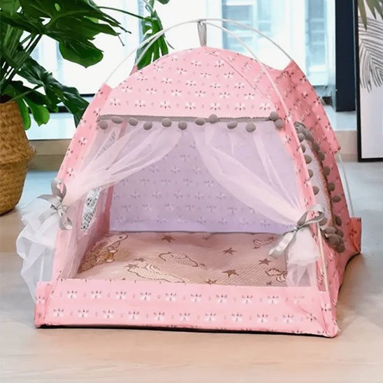 Niche chat frou frou rose petits pompons 