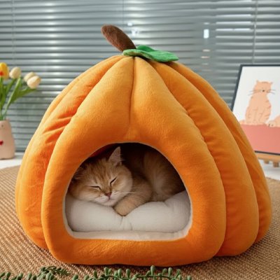 Niche Chat orange en forme de citrouille moelleuse