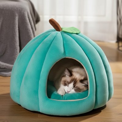 Niche Chat  turquoise en forme de citrouille douillette