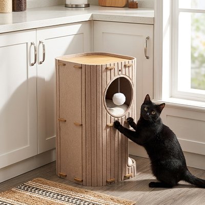 Niche chats bois naturel avec jouet suspendu chat noir devants