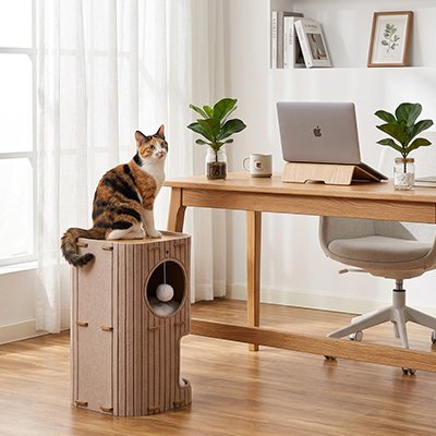 Niche chats bois naturel avec jouet suspendu chat assis dessus