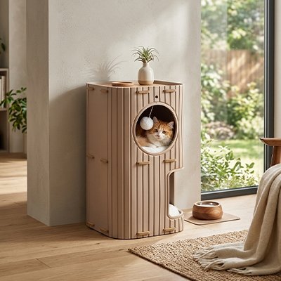 Niche chats bois naturel avec jouet suspendu chat couche dedans