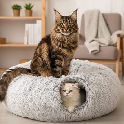 Niche chats donut gris clair en fourrure tunnel ouverture ronde chats dessus et dedans