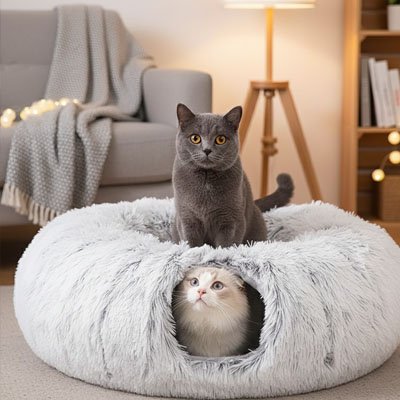 Niche chats donut gris clair tunnel ouverture ronde chats dessus et dedans