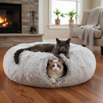 Niche chats forme donut gris clair tunnel ouverture ronde chats dessus et dedans