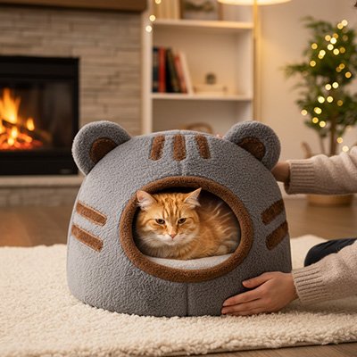 Niche chats forme tete ourson grise avec chat roux dedans