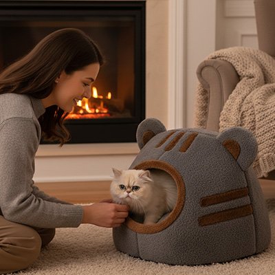 Niche chats forme tete ourson grise avec femme caressant un chat