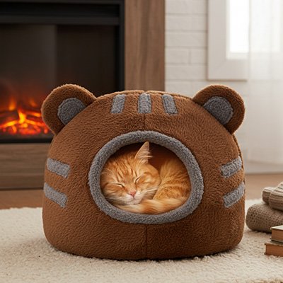 Niche chats forme tete ourson marron avec chat roux dormant dedans