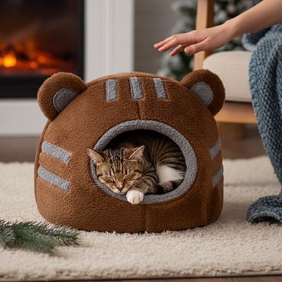 Niche chats forme tete ourson marron avec un chat dedans