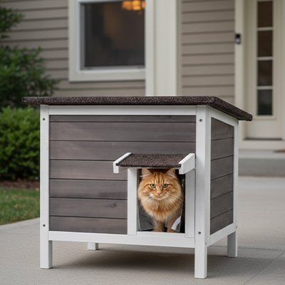 Niche exterieur pour chat bois grise et blanche chat dedans