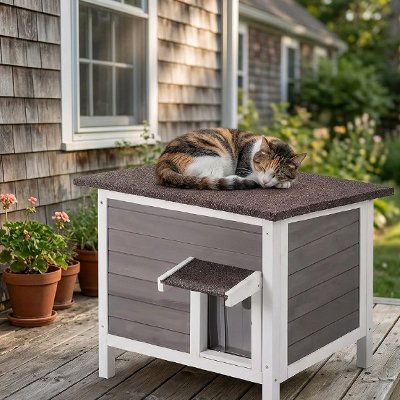 Niche exterieur pour chat bois grise et blanche chat dormant dessus