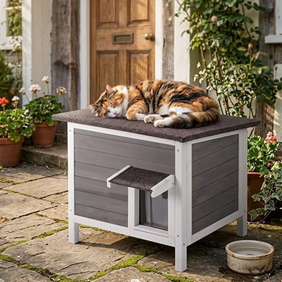 Niche exterieur pour chat bois toit plat chat dormant dessus