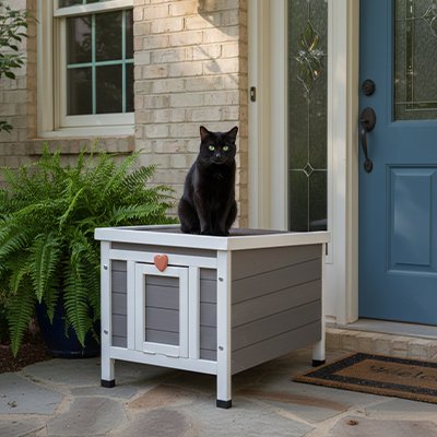 Niche exterieur pour chat grise et blanche en bois chat noir assit dessus