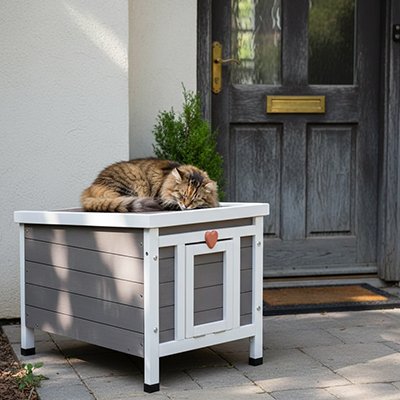 Niche exterieur pour chat grise et blanche en bois chat dormant dessus