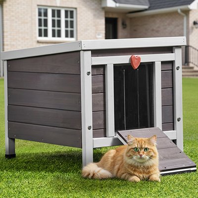 Niche exterieur pour chat grise et blanche en bois chat couche devant