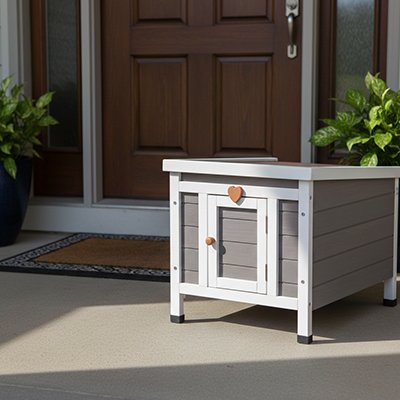 Niche exterieur pour chat grise et blanche en bois