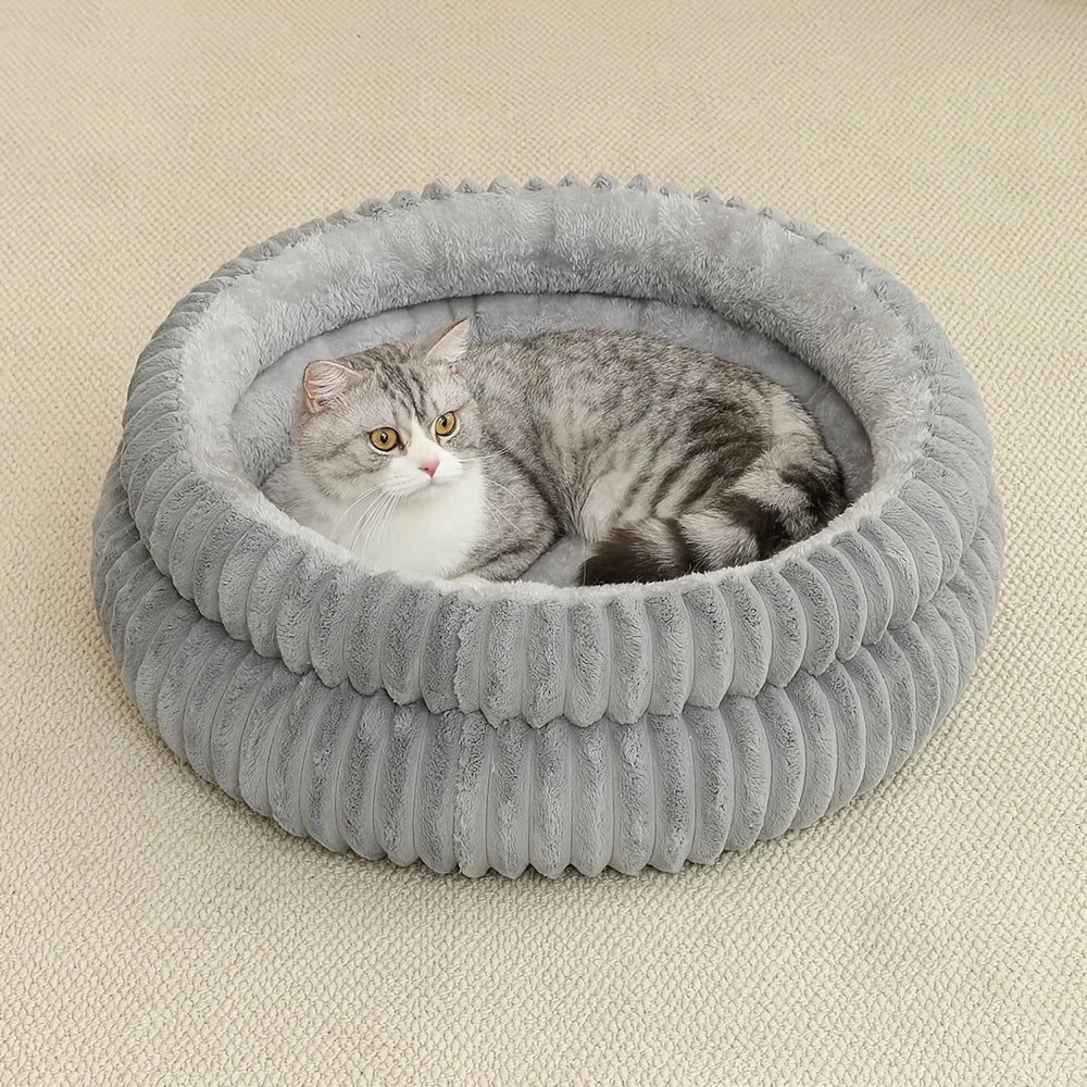 panier a chat gris rond deux boudins coteles moelleux