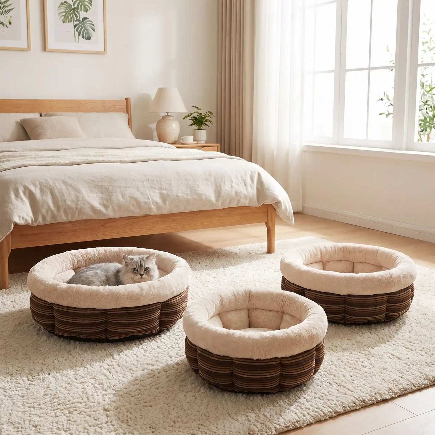 panier a chat rond bi color marron et blanc moelleux