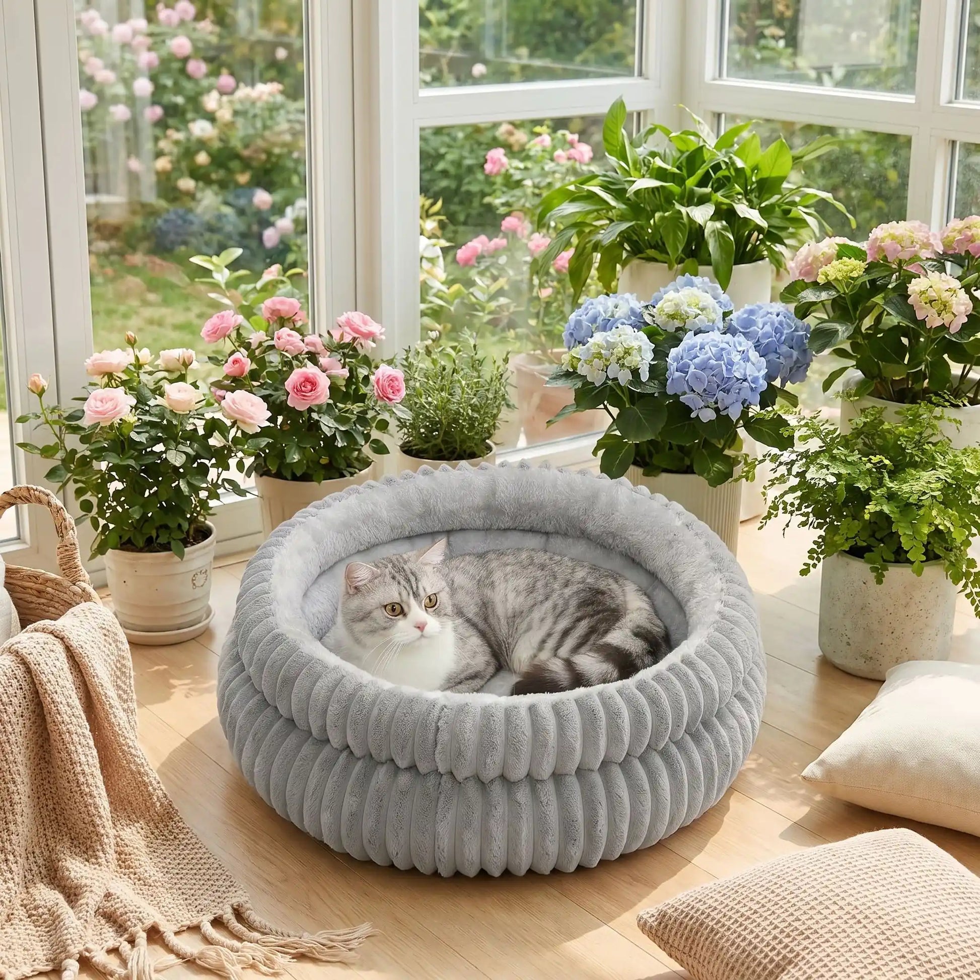 panier a chat rond et gris doux moelleux et tres confortable