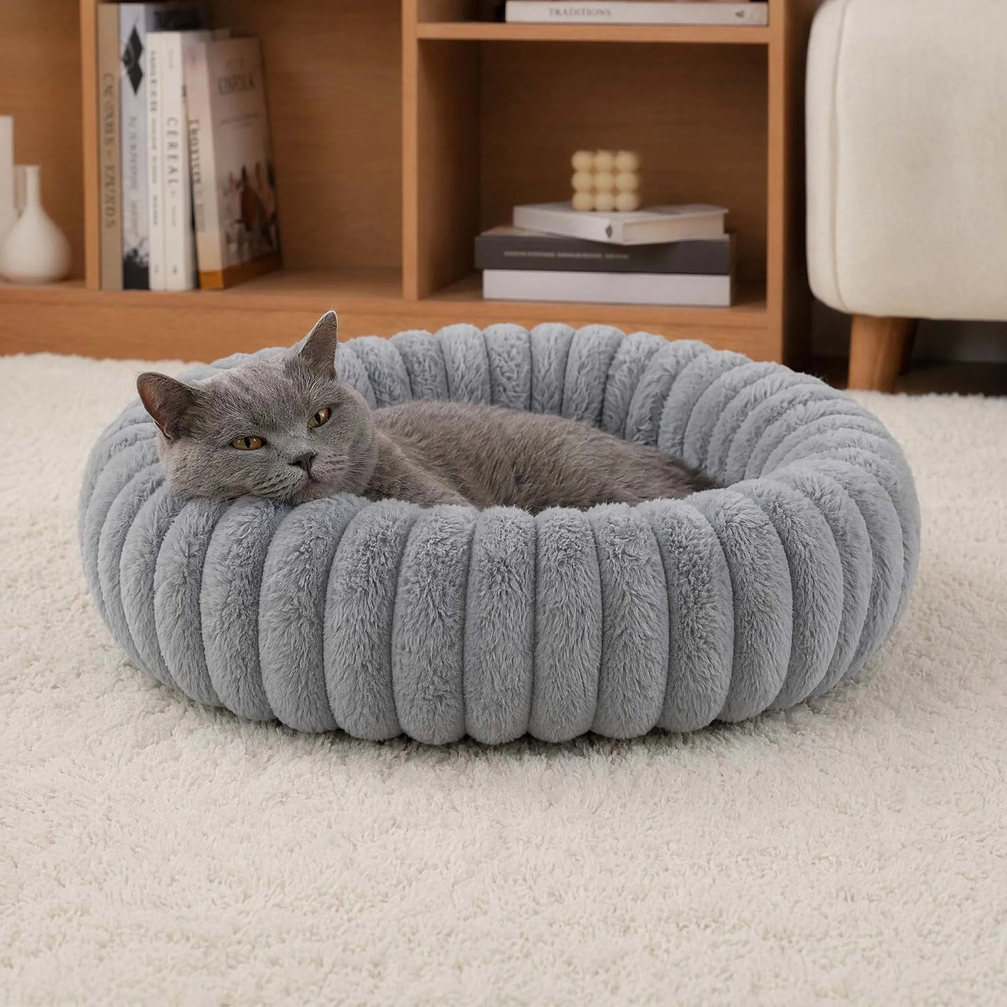 panier a chat rond et gris ultra moelleux