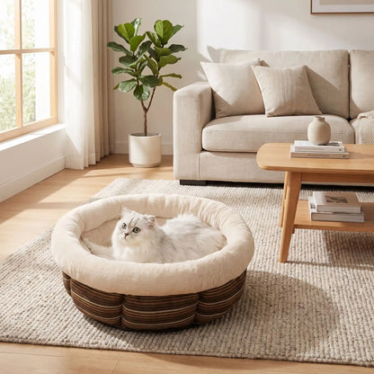 panier a chat rond ultra moelleux deux couleur marron blanc