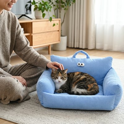 panier chat canapé bleu avec petits yeux décoratifs