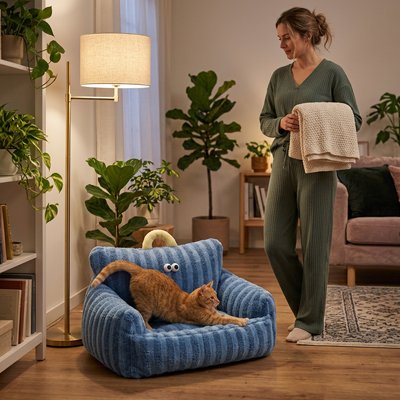 panier chat canapé bleu rayé confortable