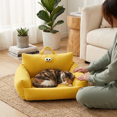 panier chat canape jaune doux et confortable