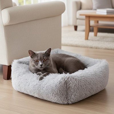 Panier chat carré en fausse fourrure ultra douce gris clair