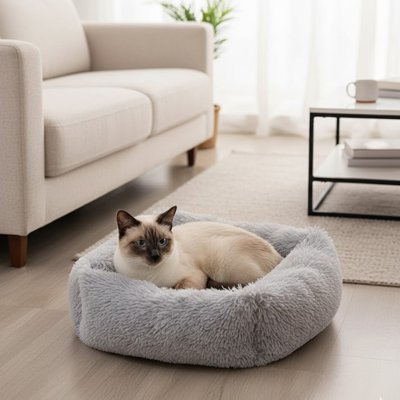 Panier chat carré gris clair très moelleux