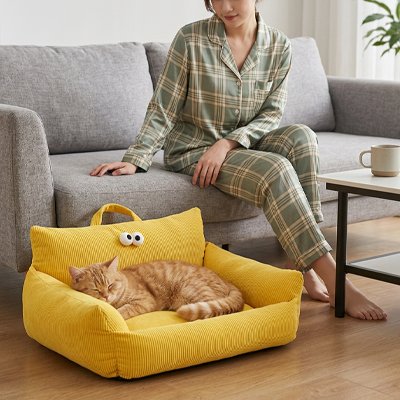 panier chat en forme de canapé jaune très moelleux