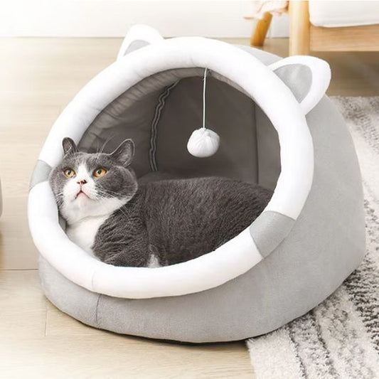 panier chat en forme de grotte avec jouet suspendu