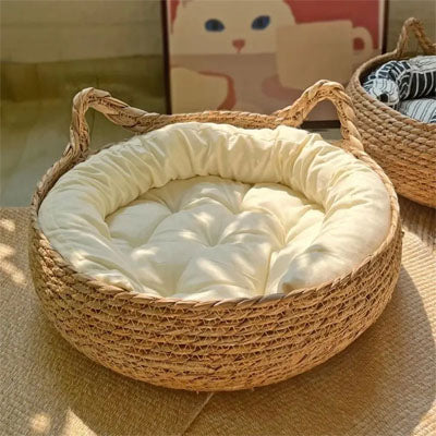 panier chat osier avec anses en forme d'oreille de chat
