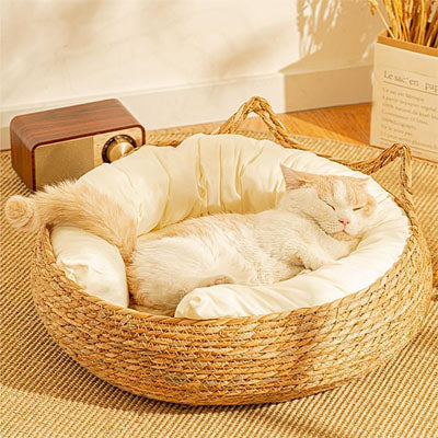 panier chat osier avec coussin blanc ultra confortable