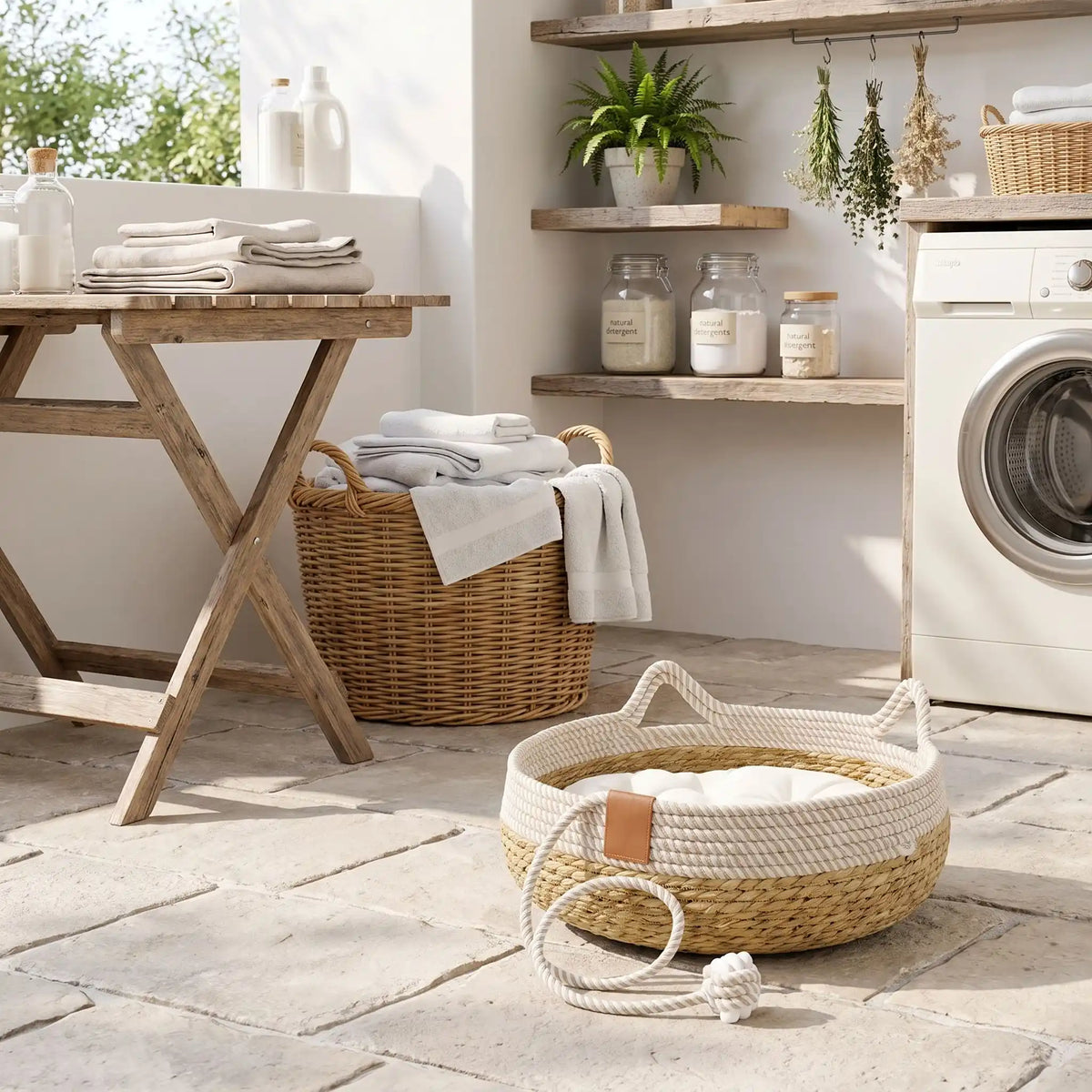 panier chat osier blanc et beige cousin blanc lavable