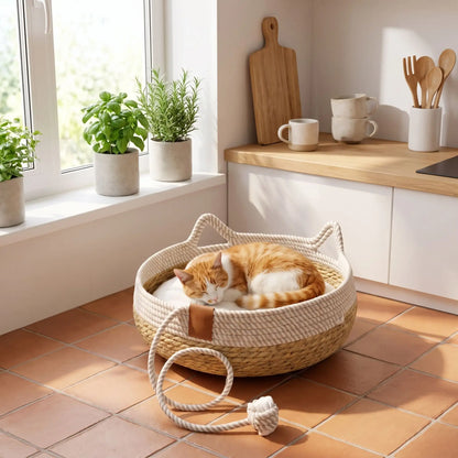 panier chat osier deux couleurs avec coussin moelleux