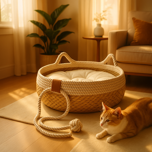 panier chat osier deux tons avec jouet 