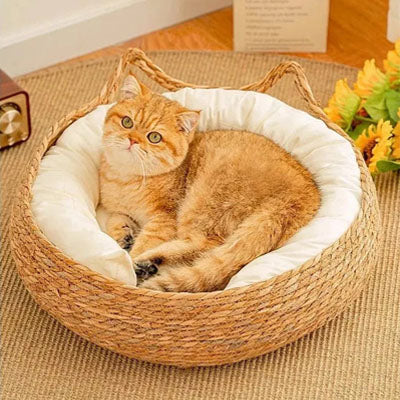 panier chat osier rond et décoratif très moelleux