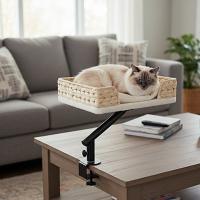 Panier Chat osier sur bras rotatif installe sur table basse 
