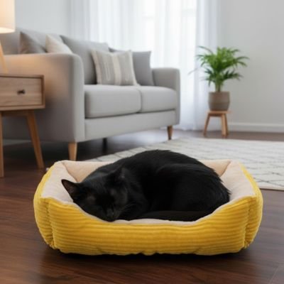 panier chat rectangulaire jaune avec un chat dormant dedans