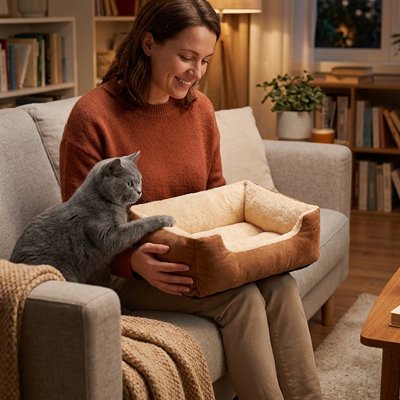 Panier chat  rectangulaire marron avec femme assise avec son chat