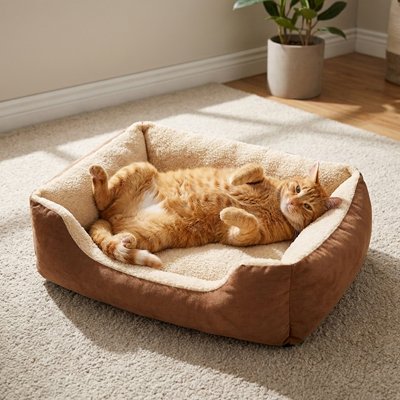 Panier chat rectangulaire marron avec un chat roux dedans