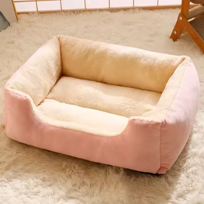 panier chat rectangulaire rose et beige très moelleux